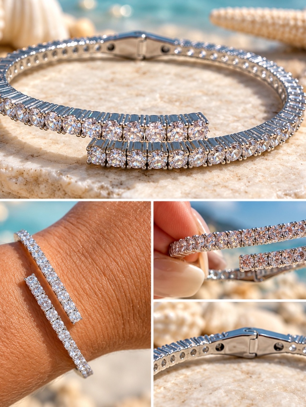 White gold plated Cubic Zirconia Tennis hinged bangle bracelet